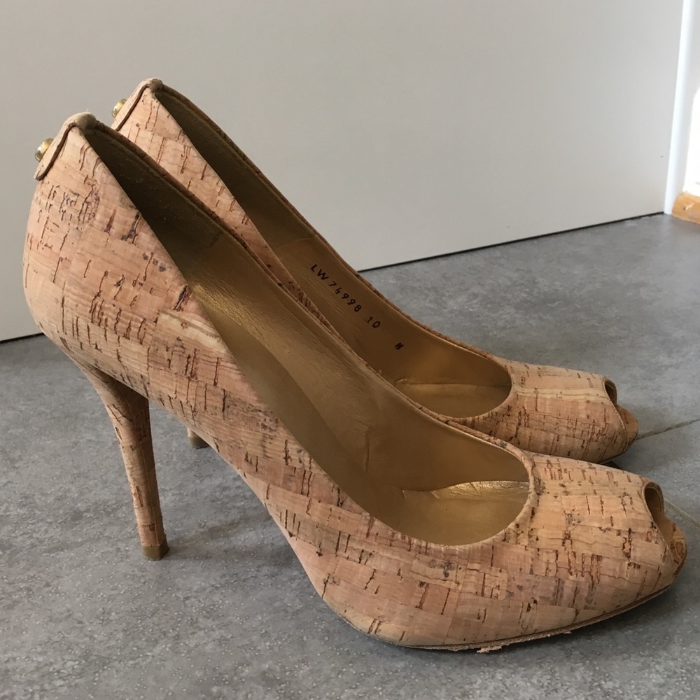 Stuart Weitzman Natural Cork Peep Toe Heels